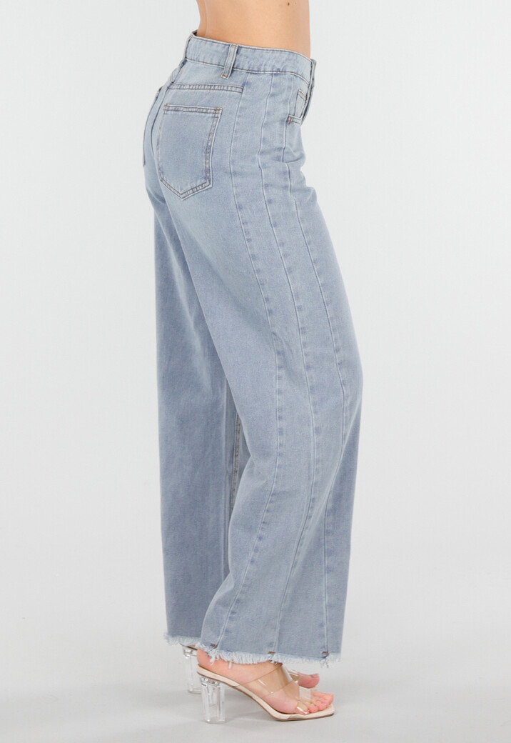 Lichtblauwe High Waist Wide Leg Jeans met Rafelige Onderkant