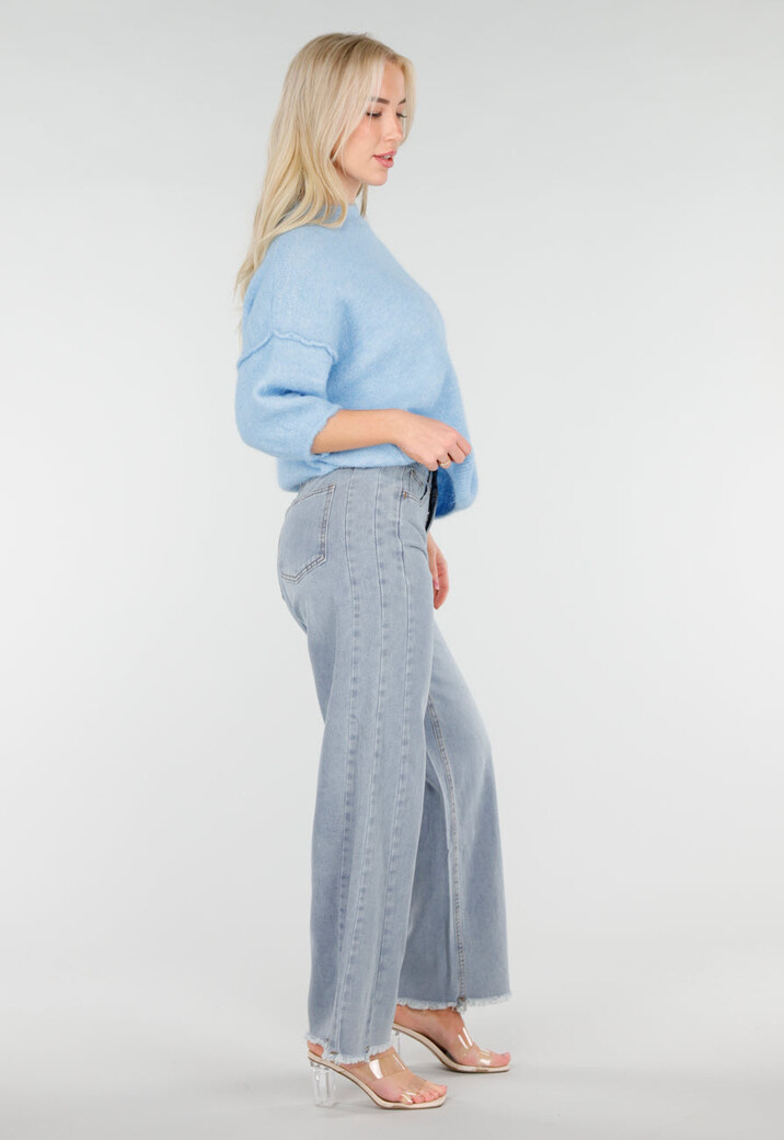 Lichtblauwe High Waist Wide Leg Jeans met Rafelige Onderkant