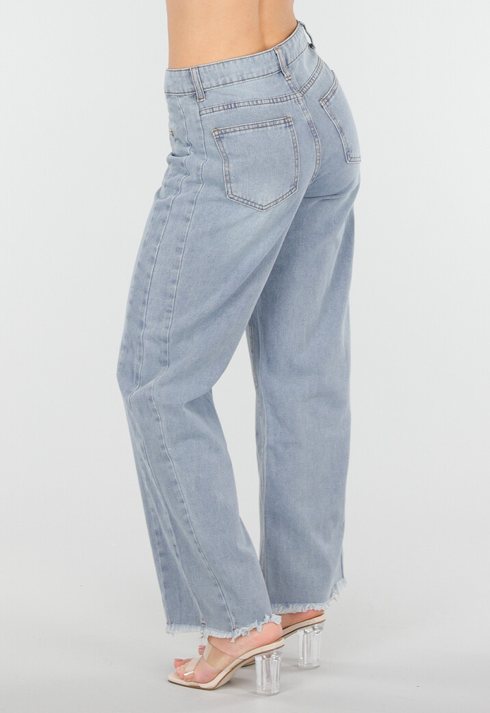 Lichtblauwe High Waist Wide Leg Jeans met Rafelige Onderkant