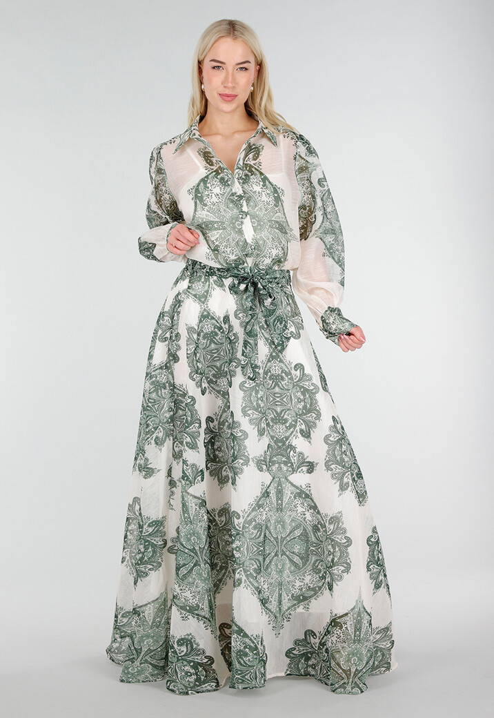 Groene Maxi Rok met Paisley Print en Strikceintuur