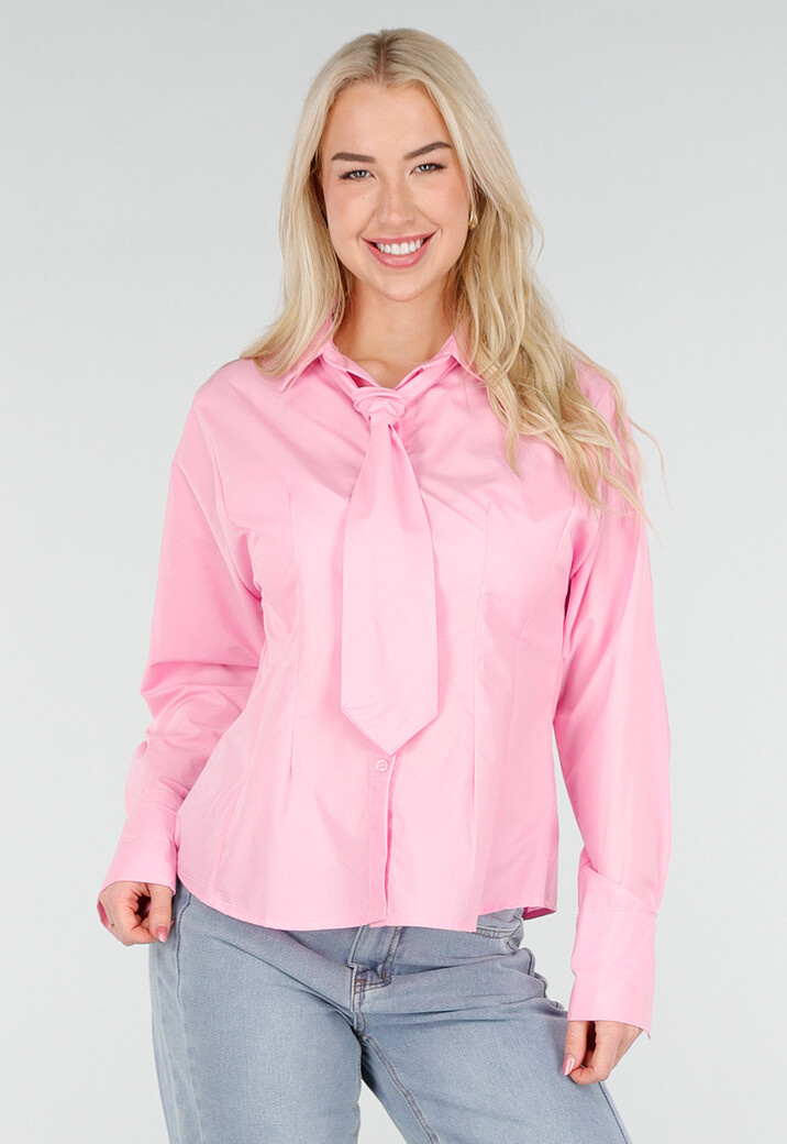 Roze Blouse met Lange Mouwen en Stropdasdetail