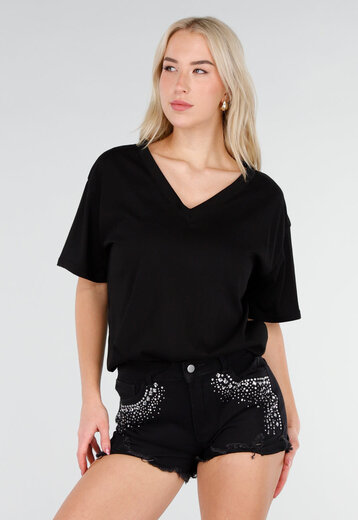 Zwart Katoenen T Shirt met V Hals