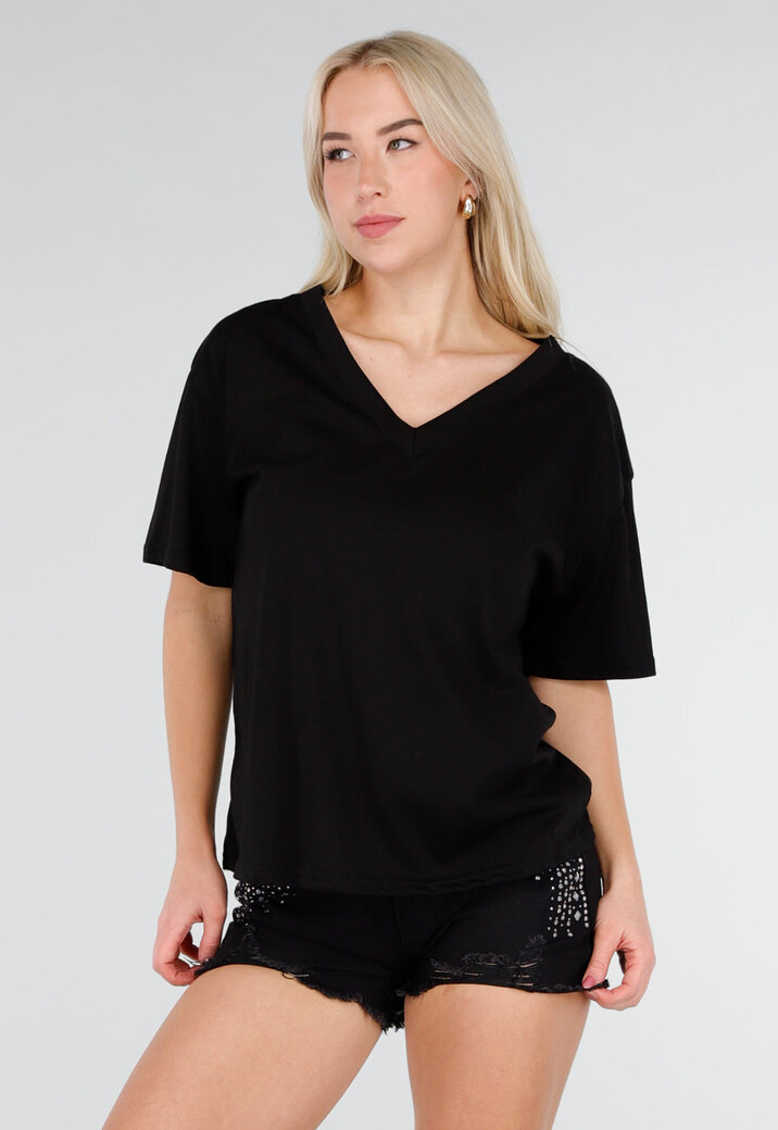 Zwart Katoenen T Shirt met V Hals en Korte Mouwen