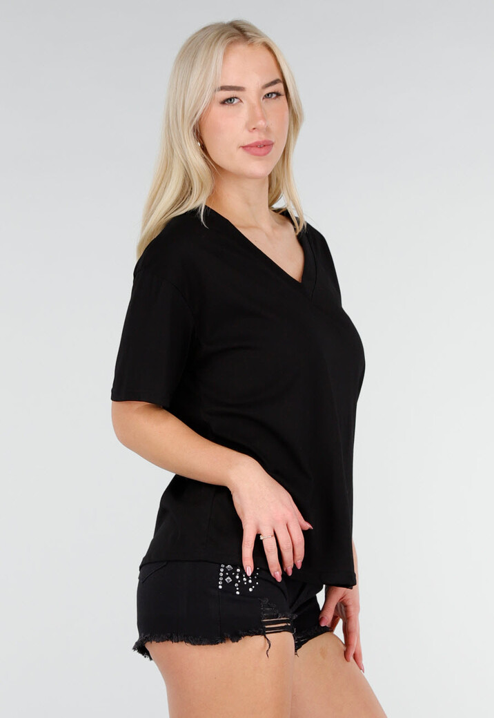 Zwart Katoenen T Shirt met V Hals en Korte Mouwen