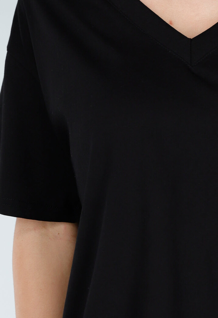 Zwart Katoenen T Shirt met V Hals en Korte Mouwen