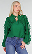 Groene Chiffon Blouse met Ruches en Strikdetail