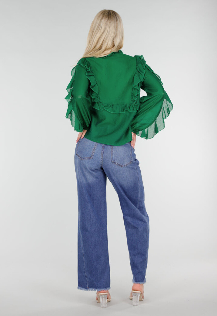Groene Chiffon Blouse met Ruches en Strikdetail