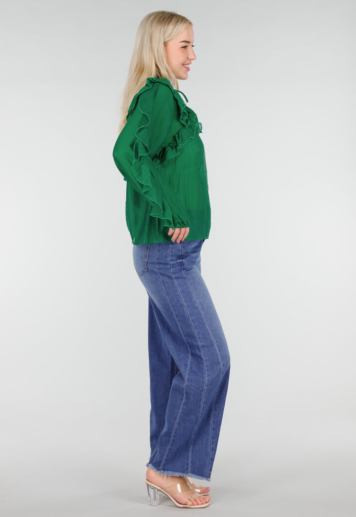 Groene Chiffon Blouse met Ruches en Strikdetail