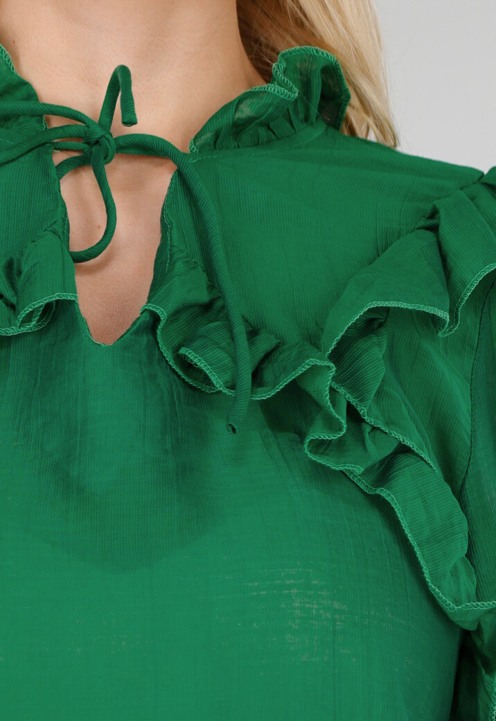 Groene Chiffon Blouse met Ruches en Strikdetail