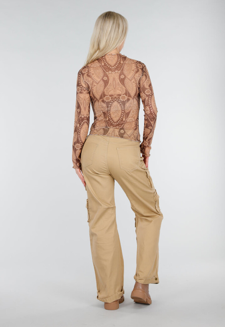 Bruine Semi-Transparante Mesh Top met Paisley Print