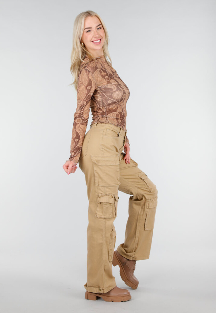 Bruine Semi-Transparante Mesh Top met Paisley Print