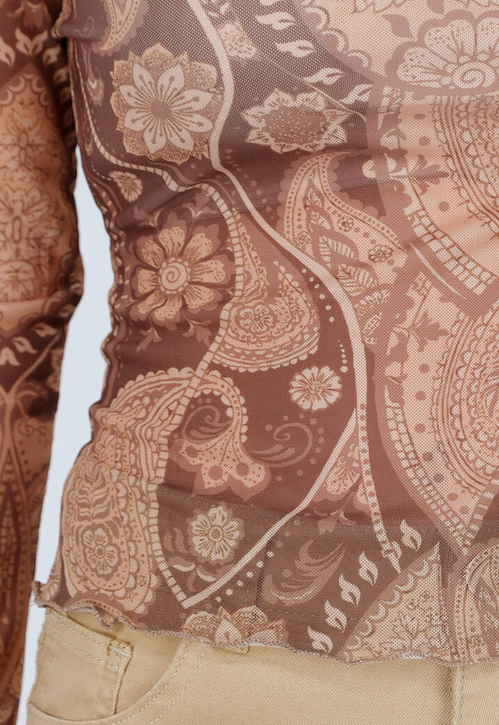 Bruine Semi-Transparante Mesh Top met Paisley Print