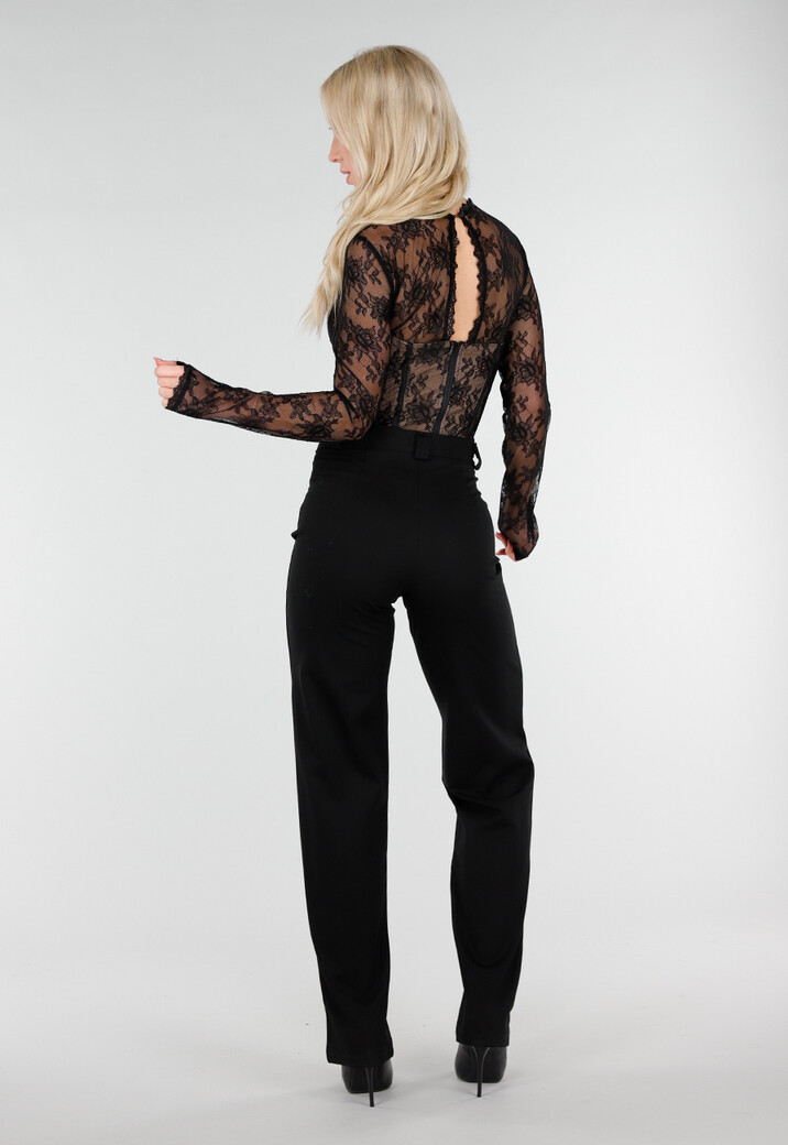 Zwarte Kanten Korset Top met Lange Mouwen en Stretch