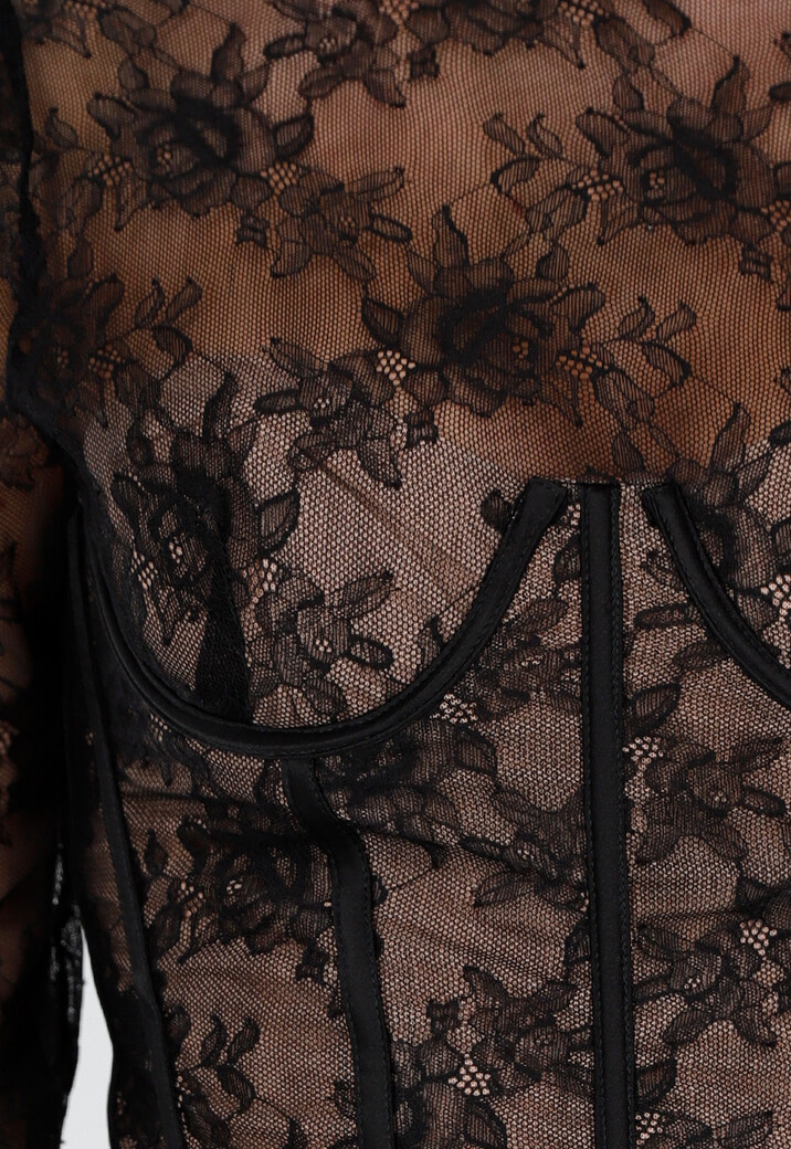 Zwarte Kanten Korset Top met Lange Mouwen en Stretch