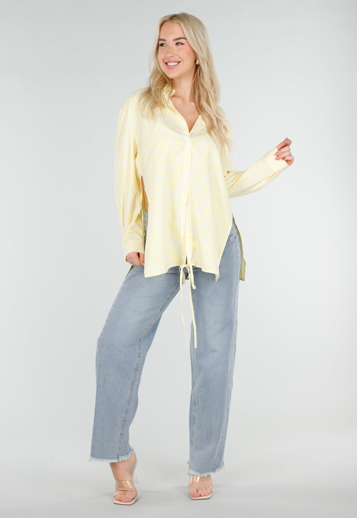 Butter Yellow Gestreepte Blouse met Lange Mouwen en Strikdetail