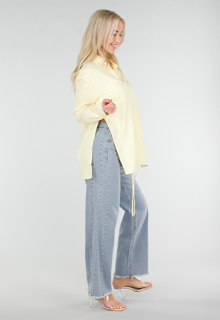 Butter Yellow Gestreepte Blouse met Lange Mouwen en Strikdetail