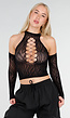 Zwarte Fishnet Halter Crop Top met Cut Out en Open Schouders