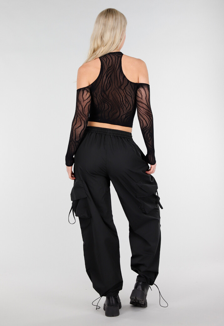 Zwarte Fishnet Halter Crop Top met Cut Out en Open Schouders