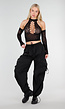 Zwarte Fishnet Halter Crop Top met Cut Out en Open Schouders