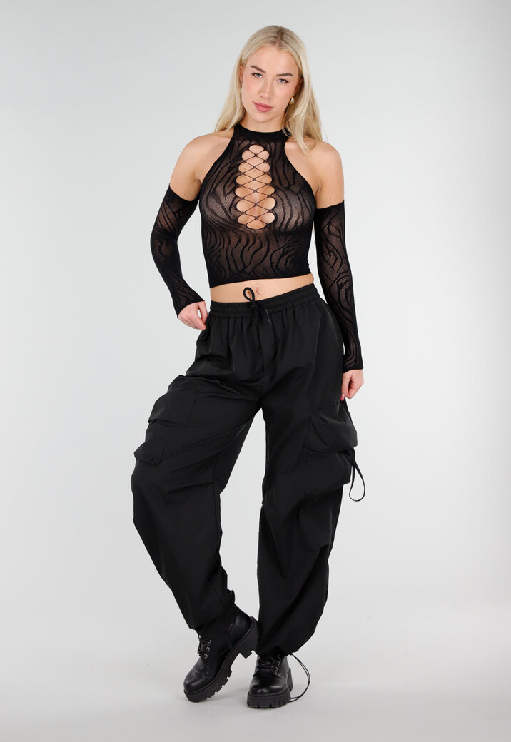 Zwarte Fishnet Halter Crop Top met Cut Out en Open Schouders