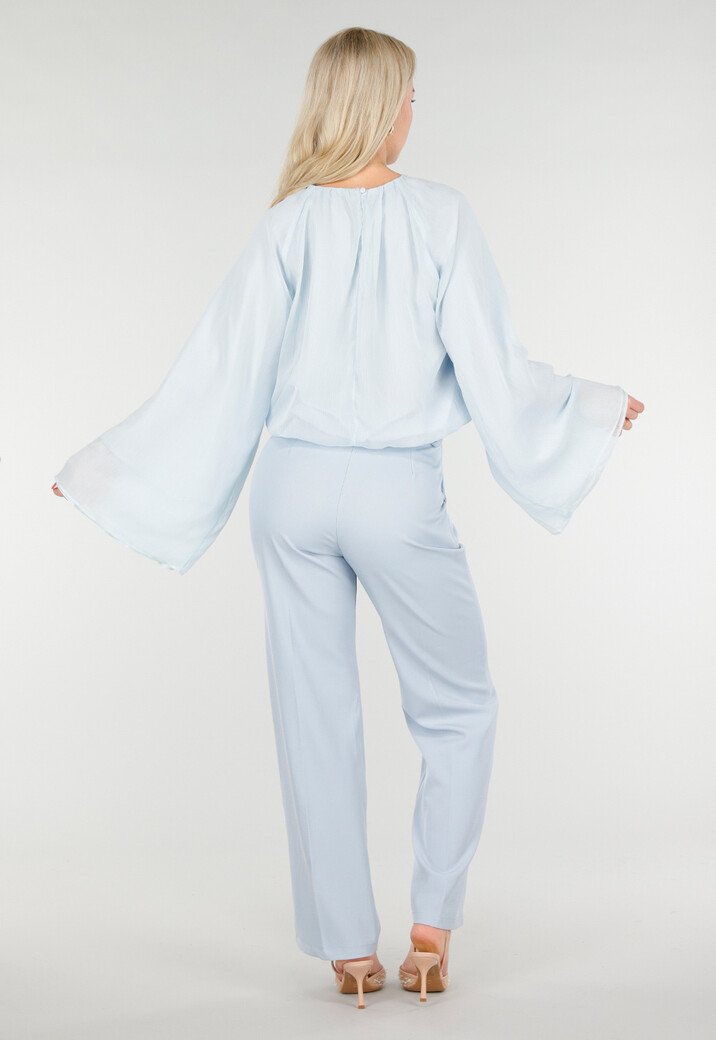 Lichtblauwe Blouse met Wijde Mouwen en Ronde Hals