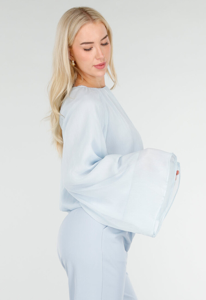 Lichtblauwe Blouse met Wijde Mouwen en Ronde Hals