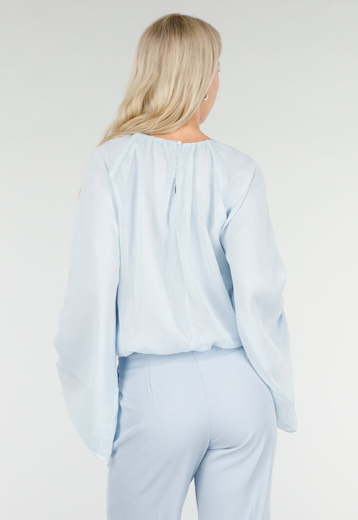 Lichtblauwe Blouse met Wijde Mouwen en Ronde Hals