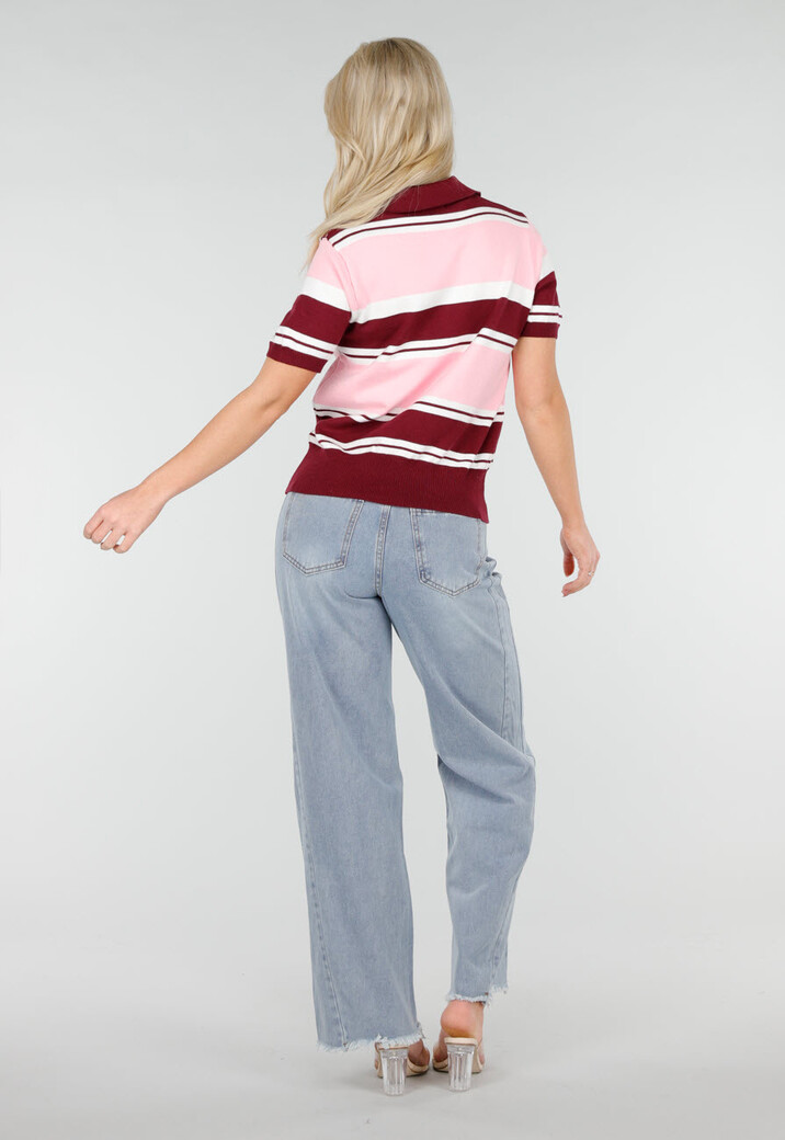Roze en Bordeauxrode Gestreepte Polo Top met Korte Mouwen