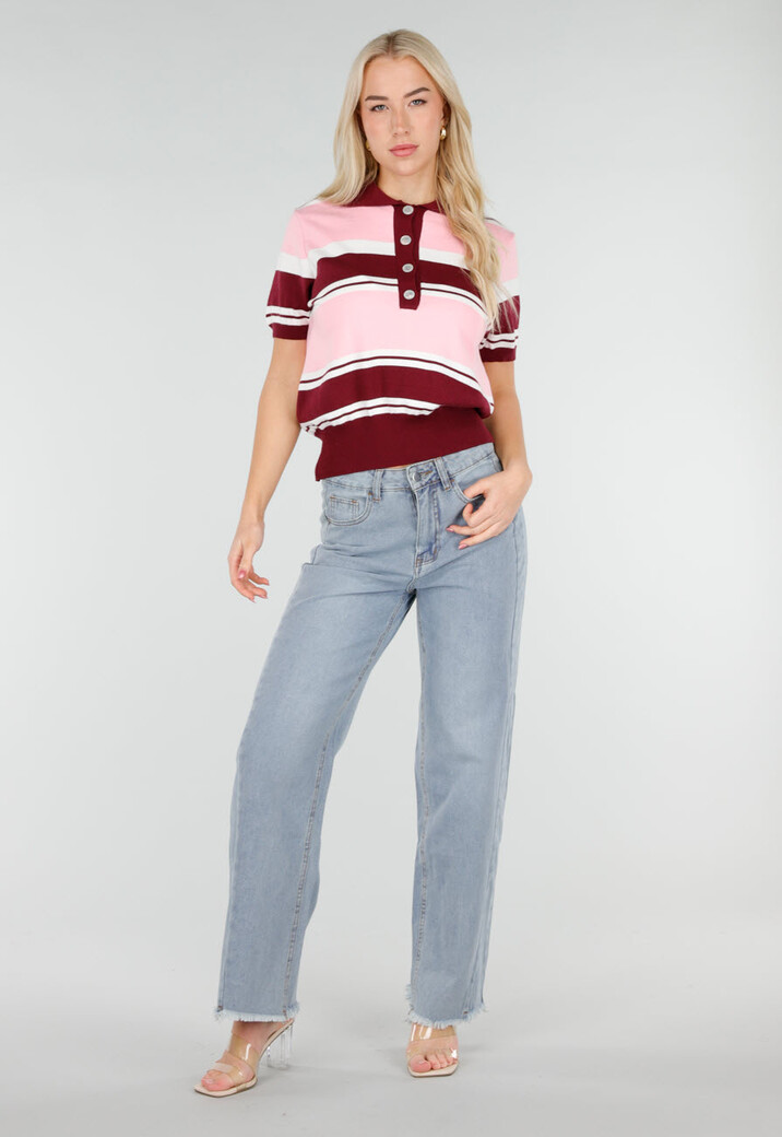 Roze en Bordeauxrode Gestreepte Polo Top met Korte Mouwen