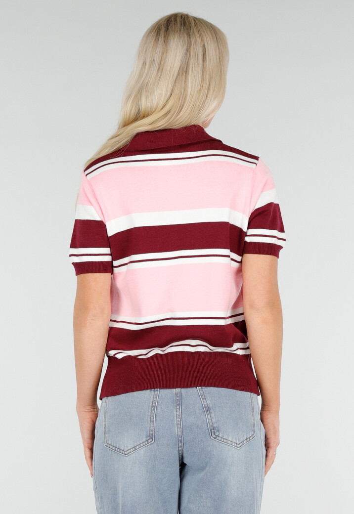 Roze en Bordeauxrode Gestreepte Polo Top met Korte Mouwen