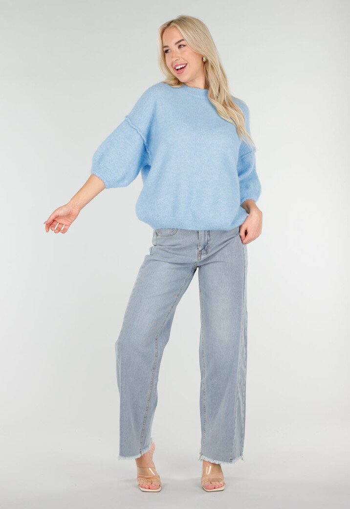Lichtblauwe Zachte Trui met Halflange Pofmouwen