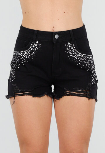 Zwarte Denim Short met Strass Steentjes