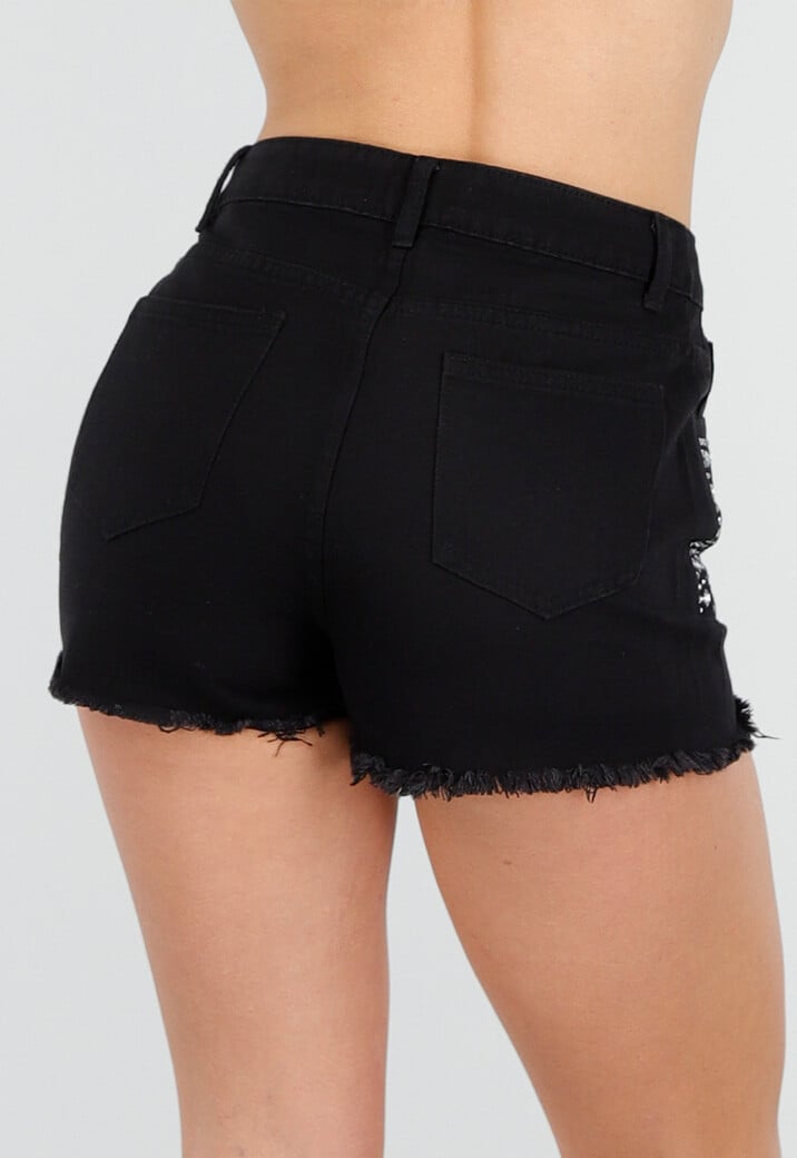 Zwarte Denim Short met Strass Steentjes en Rafelrand