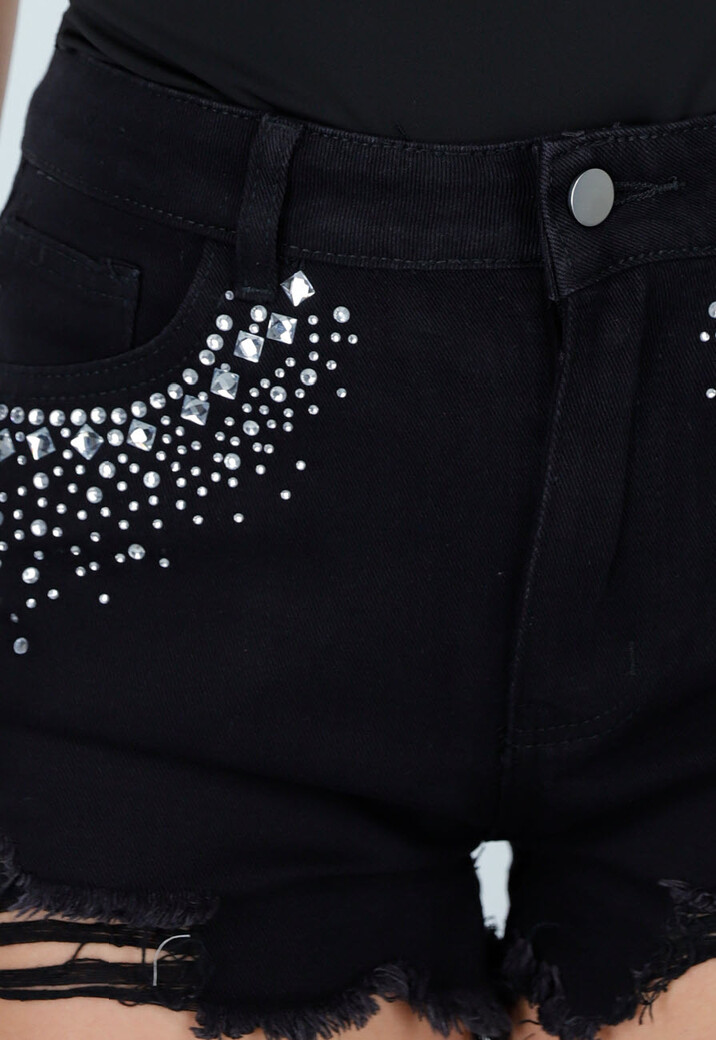 Zwarte Denim Short met Strass Steentjes en Rafelrand
