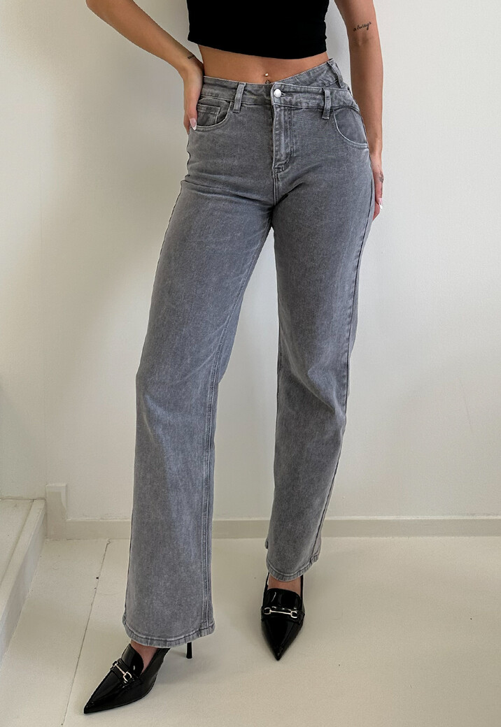 Grijze High Waist Straight Jeans met Licht Gewassen Look
