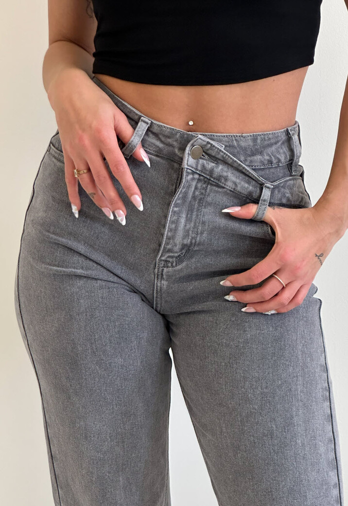 Grijze High Waist Straight Jeans met Licht Gewassen Look