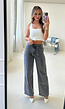 Grijze Wide Leg Jeans met Hoge Taille en Striksluiting