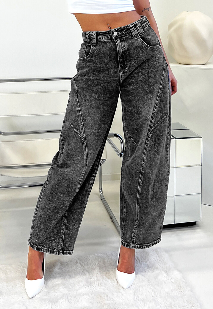 Grijze Barrel Jeans met Stonewashed Look en Hoge Taille