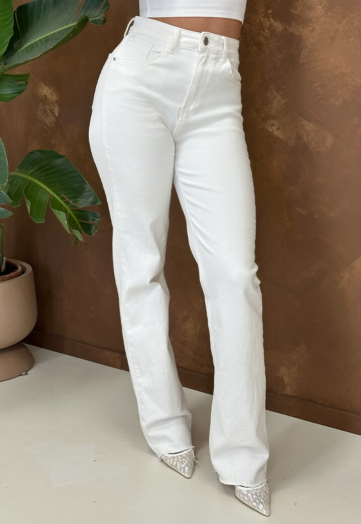 Beige Straight Leg Jeans met High Waist en Stretch