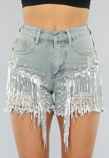 Denim Short met Fringe en Elastische Taille