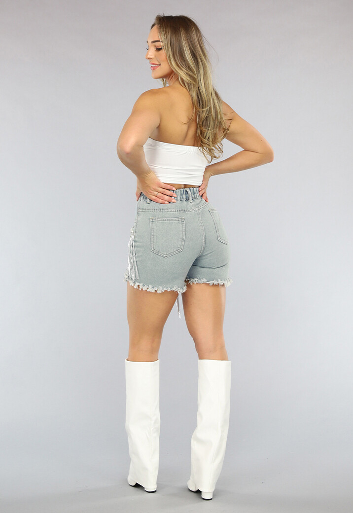 Denim Short met Fringe en Elastische Taille