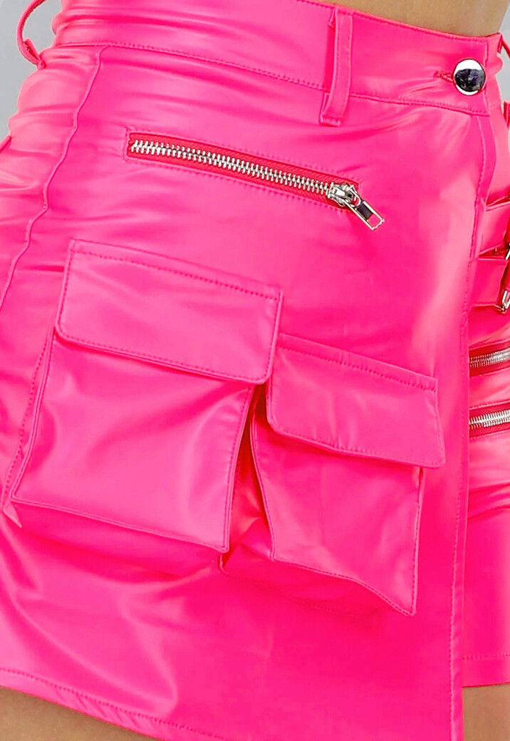 Lederlook Cargo Overslag Skort in Neon Roze