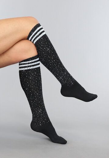 Zwarte Strass Sokken met Witte Strepen