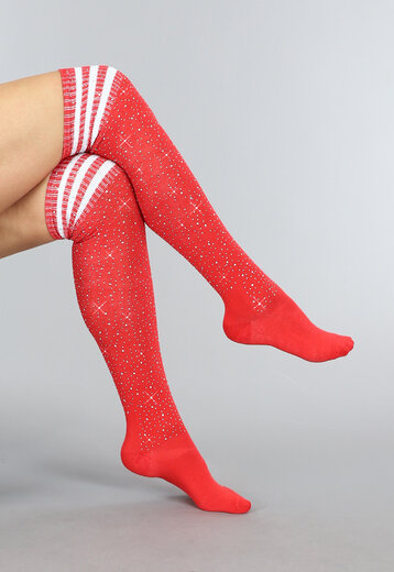 Rode Strass Sokken met Witte Strepen