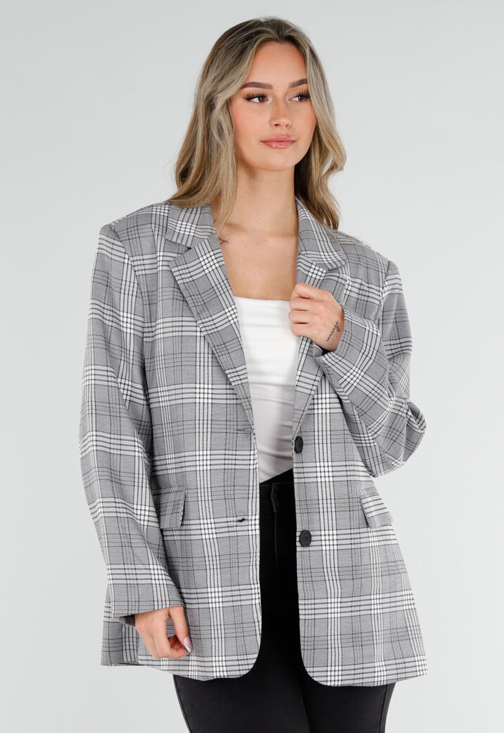 Grijze Geruite Blazer met Lange Mouwen en Knopen