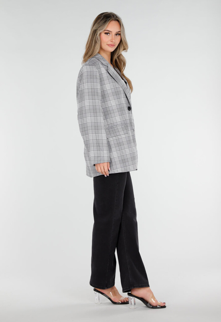 Grijze Geruite Blazer met Lange Mouwen en Knopen