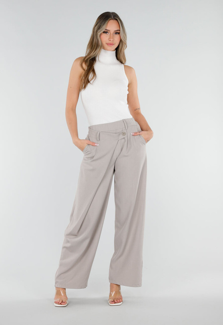 Beige Barrel Pantalon met Plooien en Stretchband
