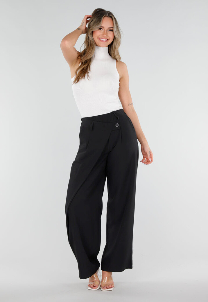 Zwarte Barrel Pantalon met Plooien en Stretchband