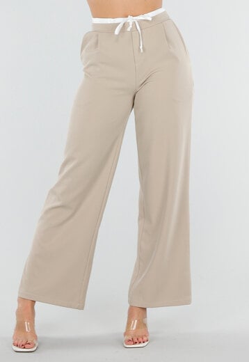 Beige Pantalon met Contrasterende Band