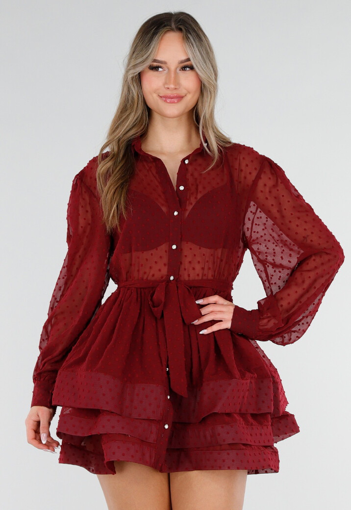 Bordeaux Jurk met Stippenstructuur en Ruffles